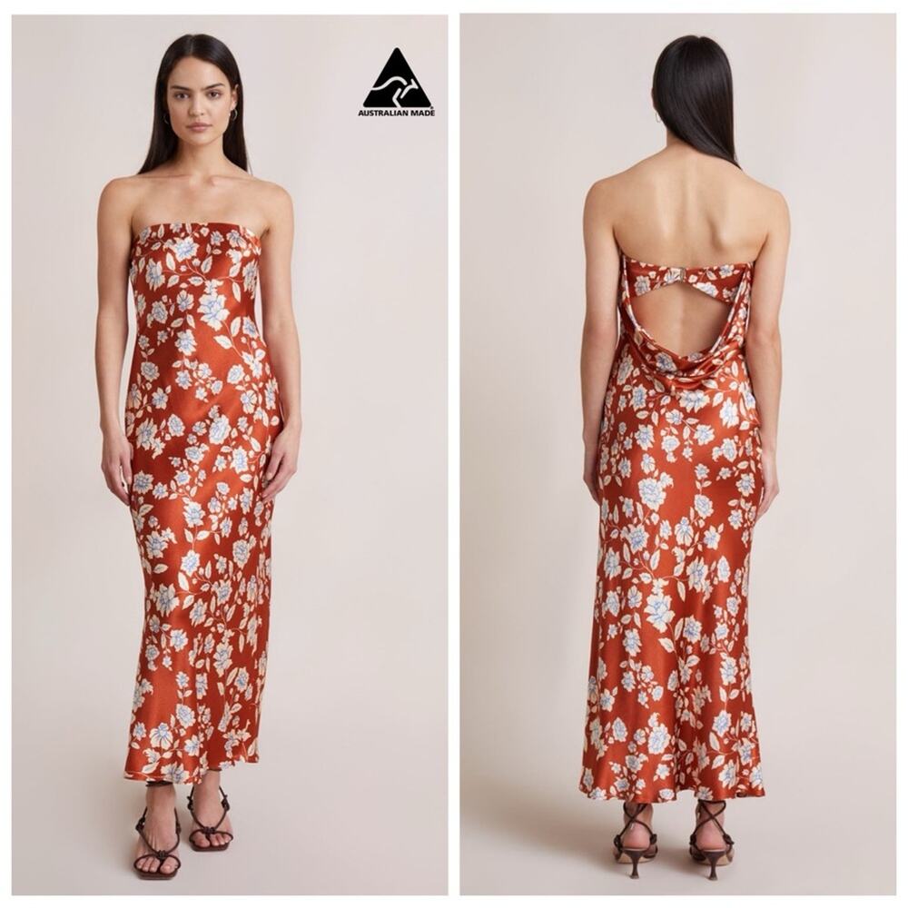 Bec + Bridge Blossom Strapless Satin Floral Cowl Back Maxi Dress Rust Red US 6